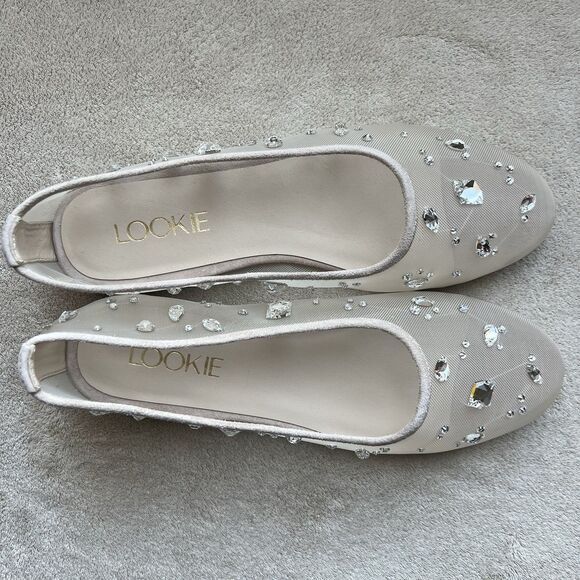 NEW Lookie Atelier Nude Mesh Ballet Flat Shoes EU 38 US 7 Stone Accents Neutral - Picture 1 of 14